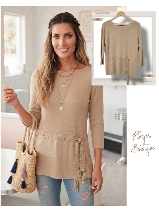 Sag Harbor Sweaters - 🌿Sag Harbor Women's Medium Tan Knit Crochet Tie Waist Sweater